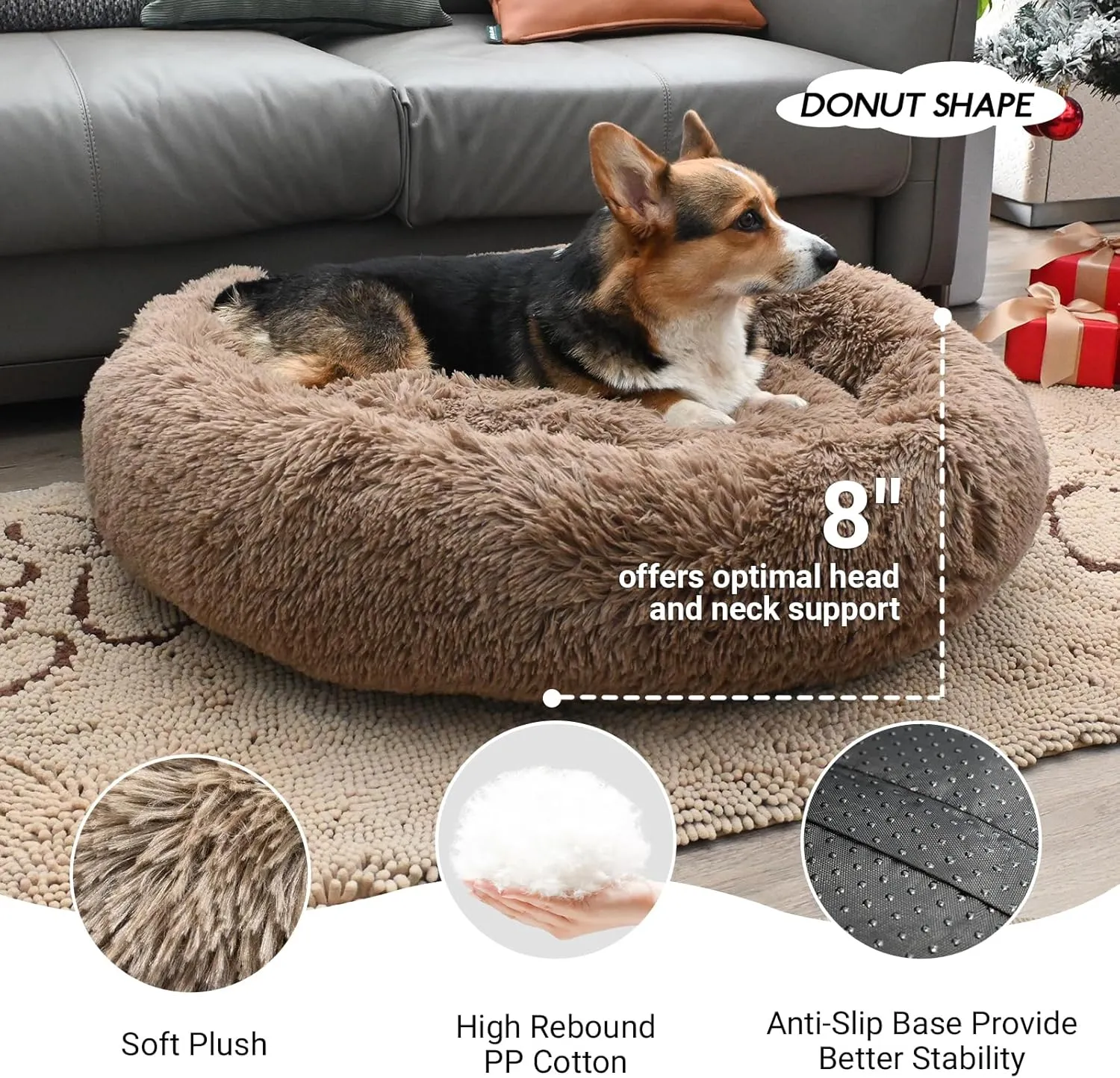 KINGROCK Fluffy Donut Dog Bed- Round Anti Anxiety Dog Bed, Washable and chew Proof for cat Bed, Cozy Calming cat Bed
