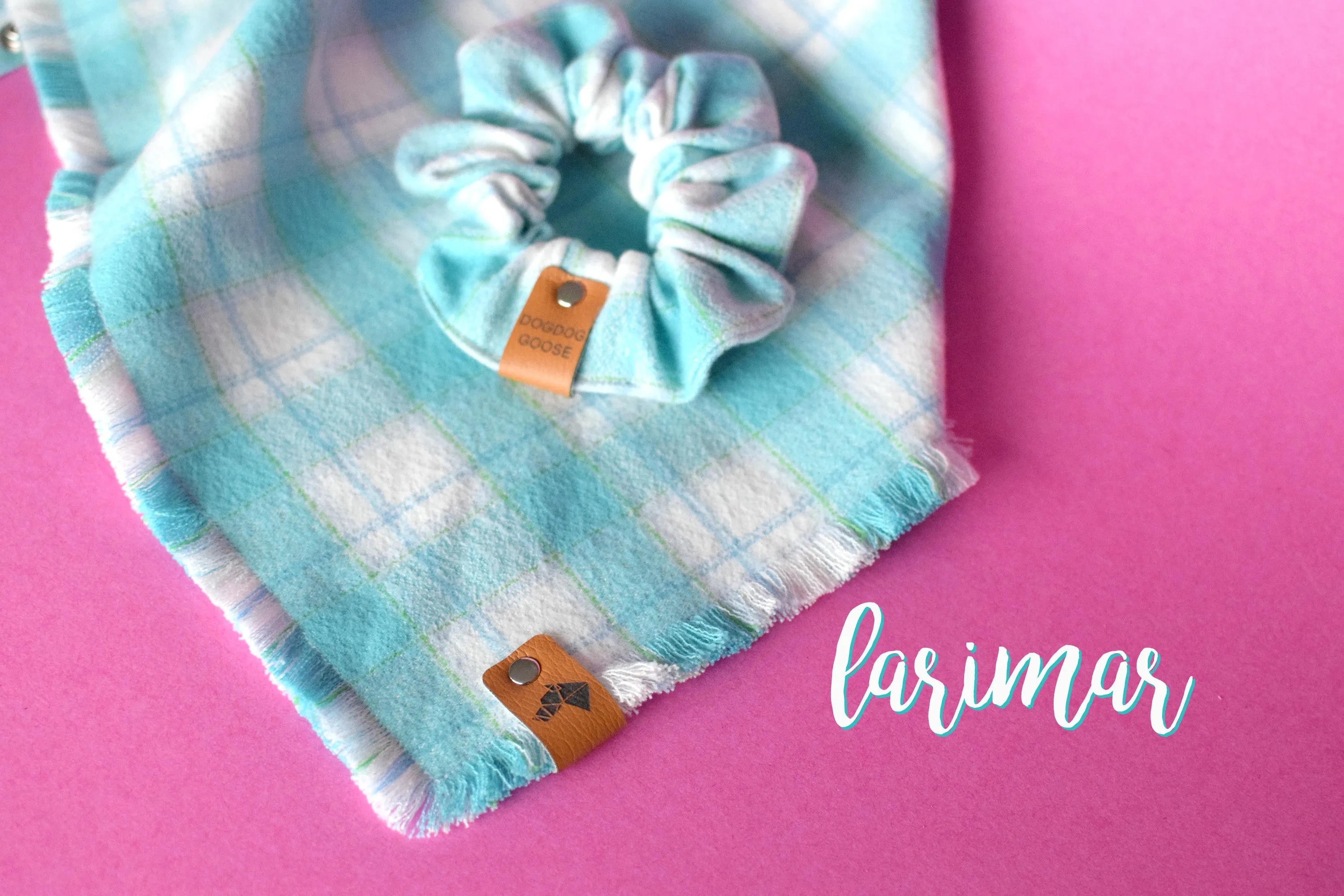 LARIMAR Fringed Flannel Dog Bandana - Snap/Tie On Cotton Scarf