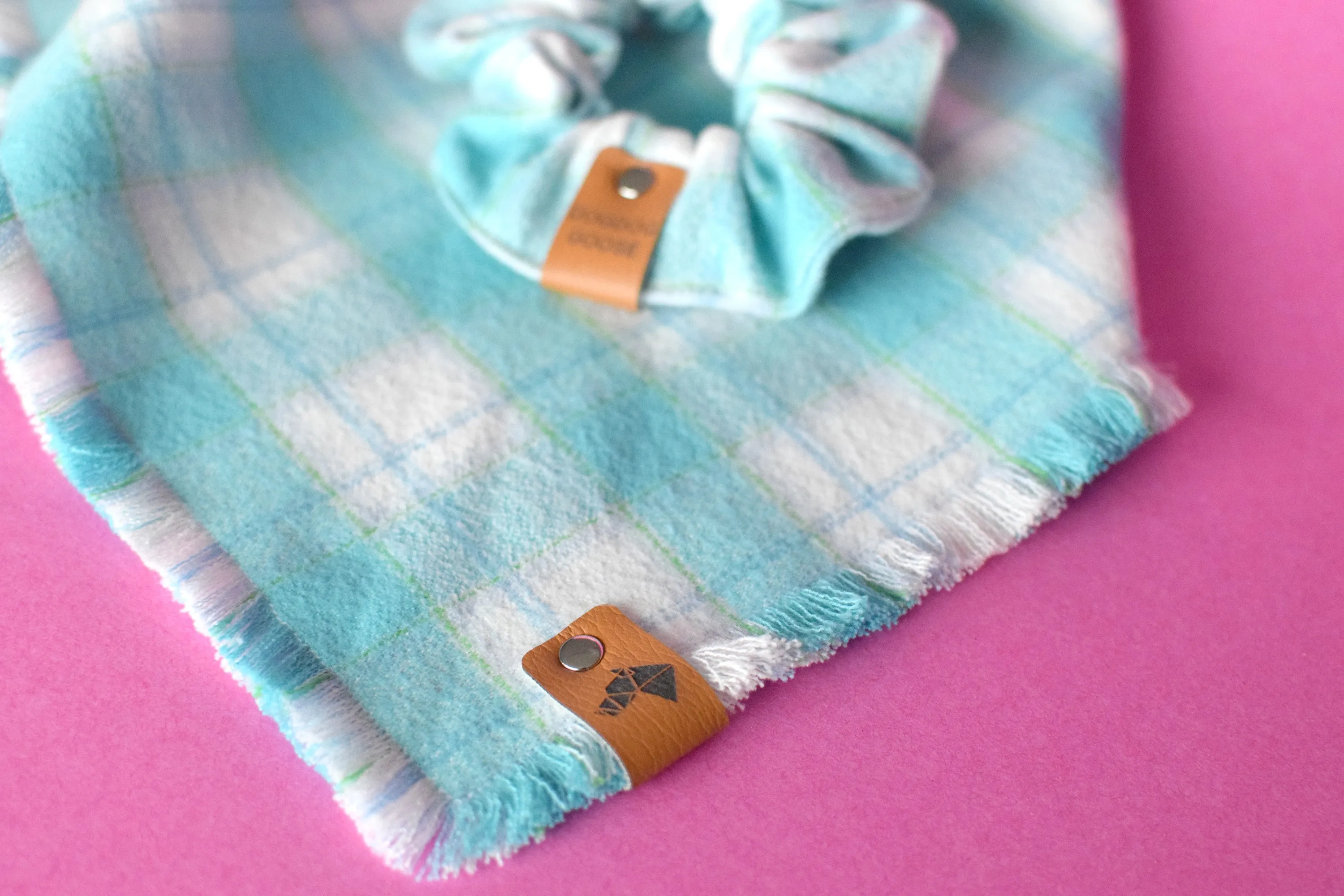 LARIMAR Fringed Flannel Dog Bandana - Snap/Tie On Cotton Scarf