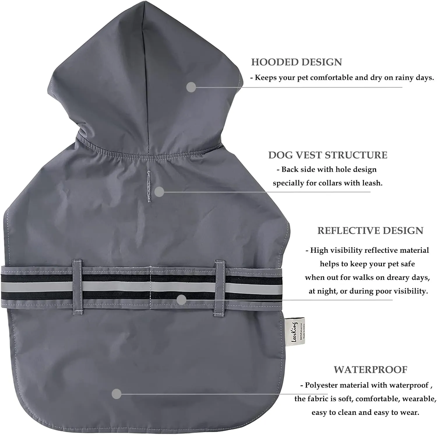 LeerKing Dog Raincoat Hooded Leash Hole 10 Sizes, Waterproof Double Layer Dog rain Coat Jacket with Lining for Small Medium and Large Dog,Grey,XXL