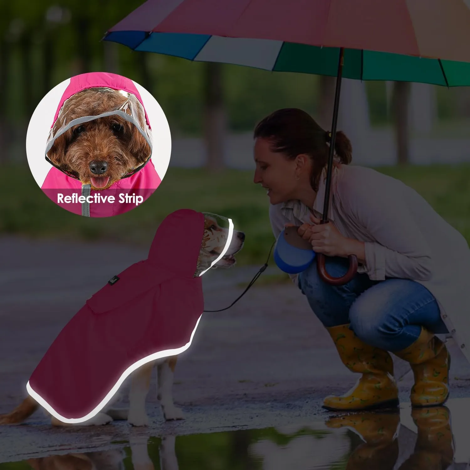 Lukovee Dog Raincoat, Adjustable Dog Rain Jacket with Clear Hooded Double Layer for Large Medium Small Dogs Puppies, Waterproof Rain Coat Poncho with Reflective Storage Pocket & Rim (FU,M)