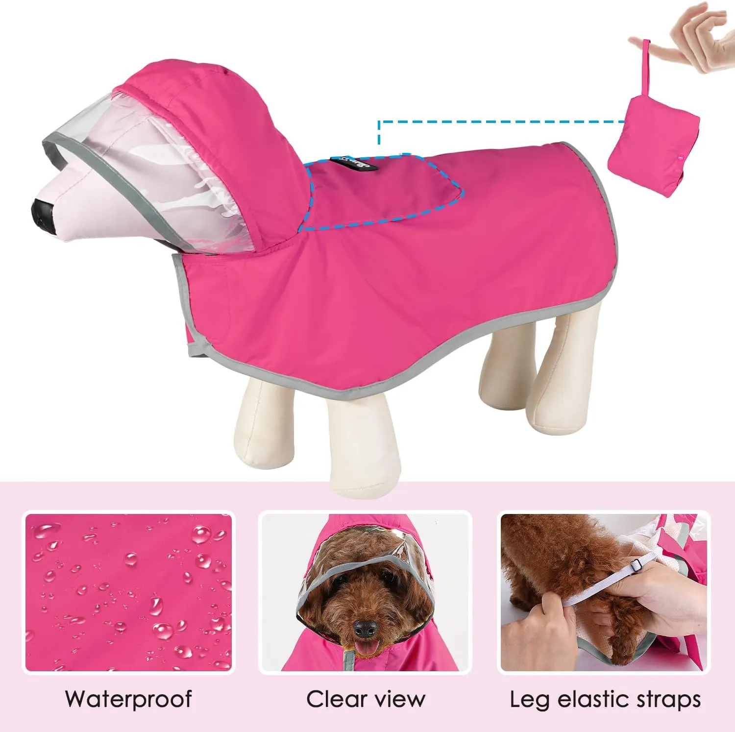 Lukovee Dog Raincoat, Adjustable Dog Rain Jacket with Clear Hooded Double Layer for Large Medium Small Dogs Puppies, Waterproof Rain Coat Poncho with Reflective Storage Pocket & Rim (FU,M)