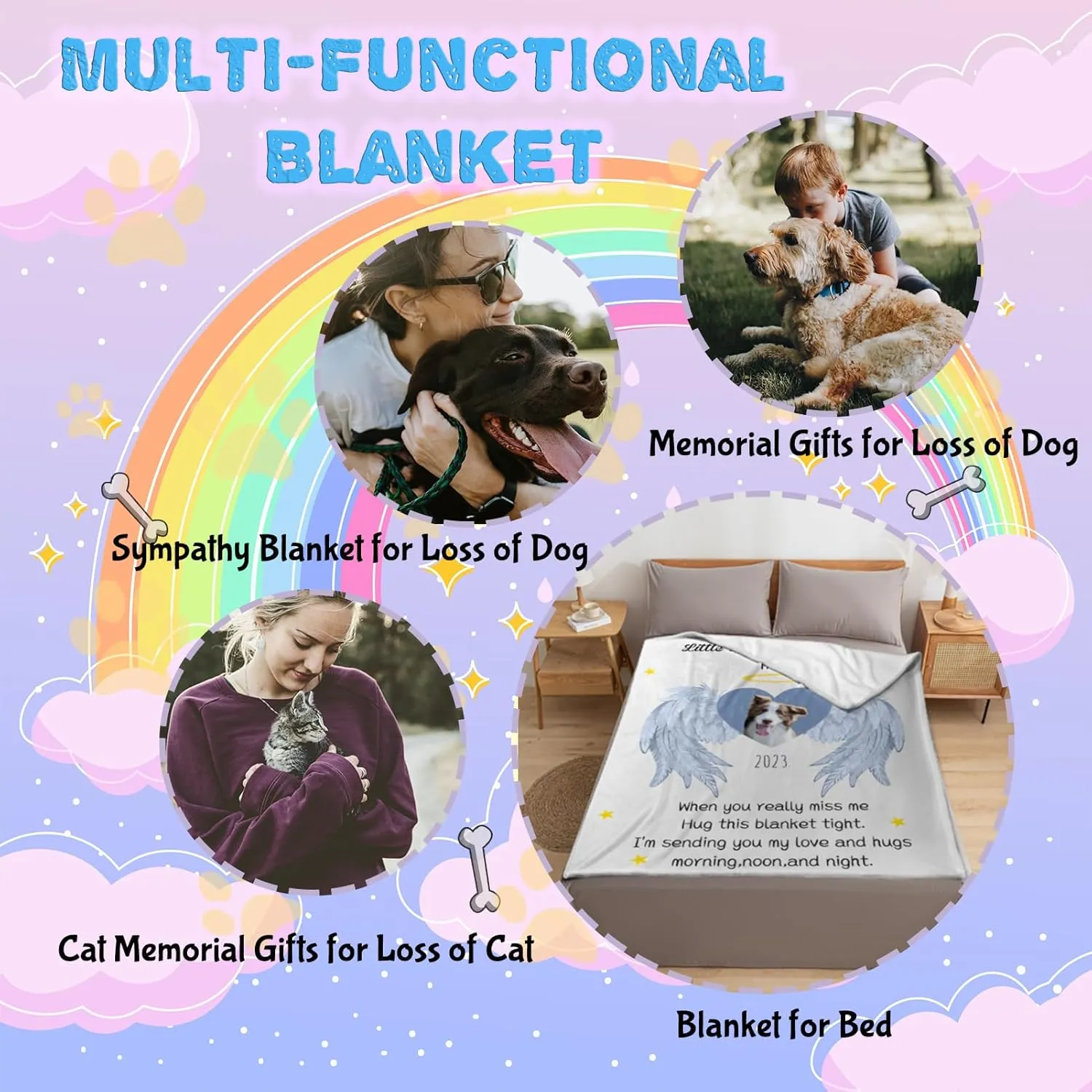 M YESCUSTOM Custom Dog Memorial Blanket Personalized Pet Cat Loss Sympathy Memory Blanket Remembrance Gift with Picture Name for Dog Lover Pet Owner