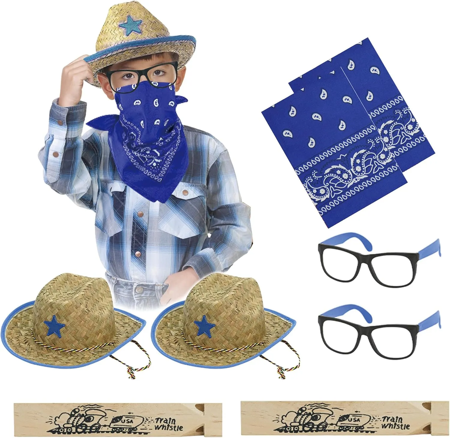 MIYUNI Kids Straw Cowboy Hats and Bandannas Set, Cowgirl Party Hats with Glasses, Boys Girls Rodeo Western Birthday Party