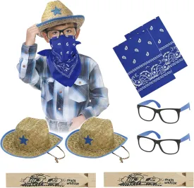 MIYUNI Kids Straw Cowboy Hats and Bandannas Set, Cowgirl Party Hats with Glasses, Boys Girls Rodeo Western Birthday Party