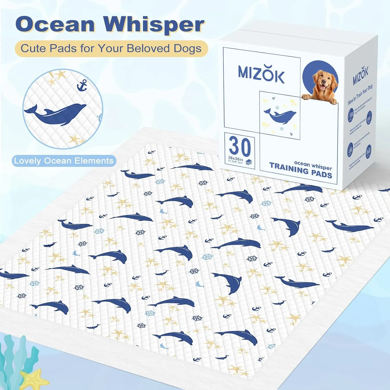 MIZOK 36x36 Puppy Pads, Dog Pads Extra Large with Ocean Whisper Prints, Potty Training Pee Pads for Dogs, Cute Dog Pee Pads Jumbo Absorbs Up to 12 Cups of Urine, Leak-ProofQuick-Dry (30 Counts)