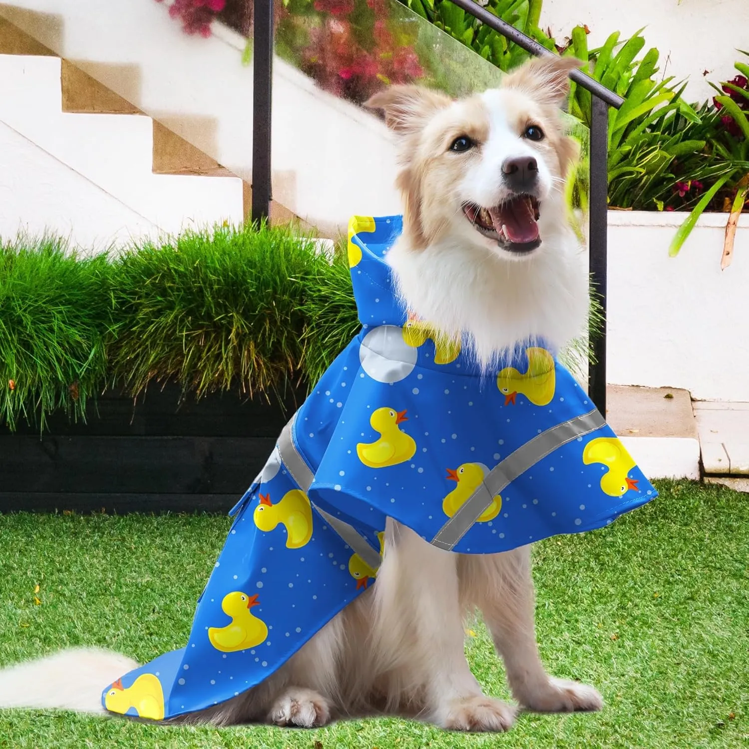 NACOCO Large Dog Raincoat Adjustable-Pet Rubber Ducks Yellow Water Proof Clothes Lightweight Rain Jacket Poncho Hoodies with Strip Reflective Blue (Blue M, Yellow Duck)