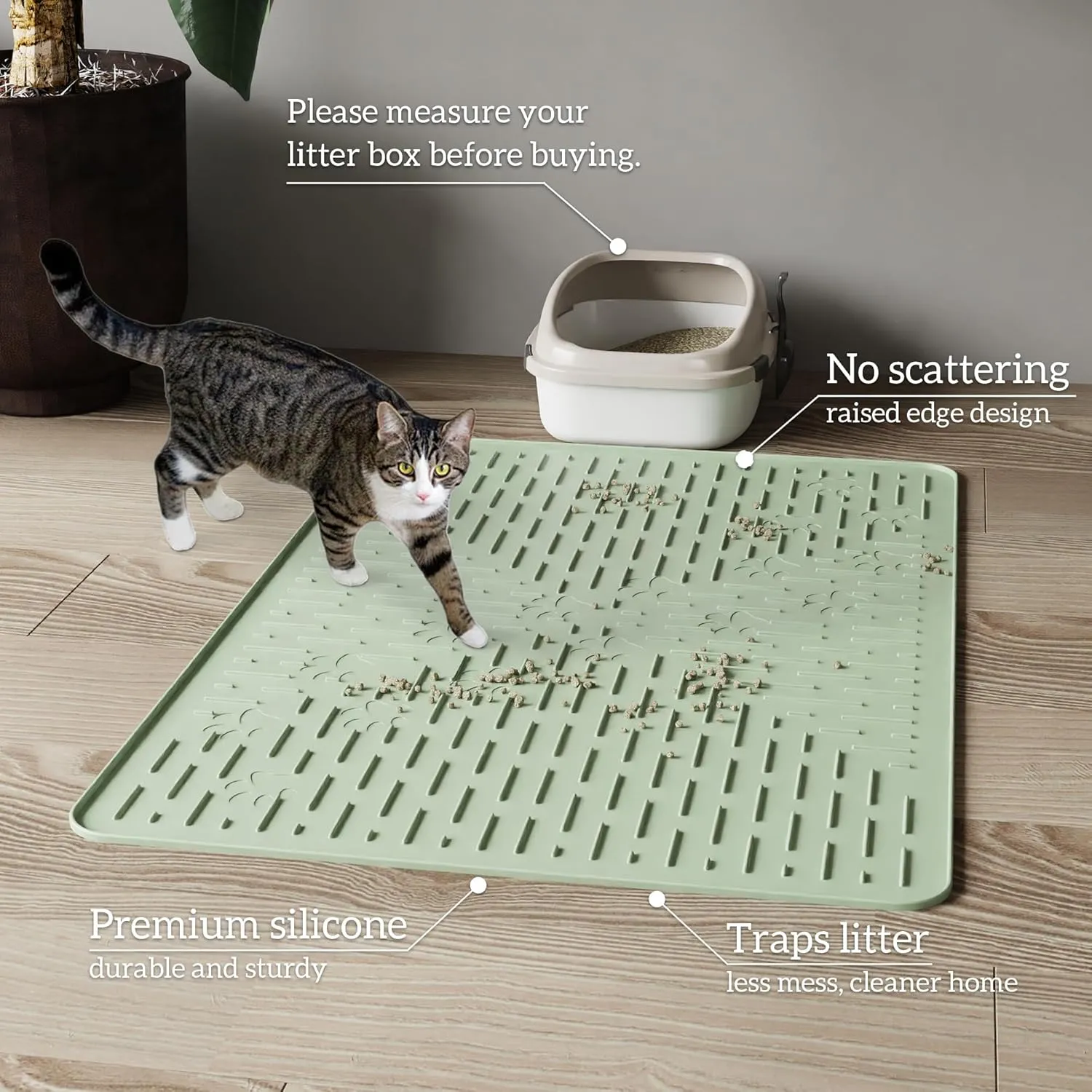 OHMO Cat Litter Mat Large Trapping Mat Premium Silicone Rubber 23.5x16 Sage Green, Waterproof and BPA Free Kitty Litter Box Mat, Easy to Clean and Keeps The Floor Tidy