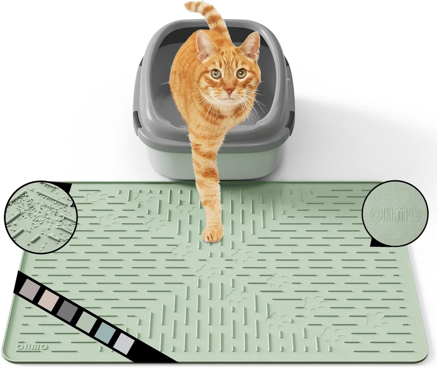 OHMO Cat Litter Mat Large Trapping Mat Premium Silicone Rubber 23.5x16 Sage Green, Waterproof and BPA Free Kitty Litter Box Mat, Easy to Clean and Keeps The Floor Tidy