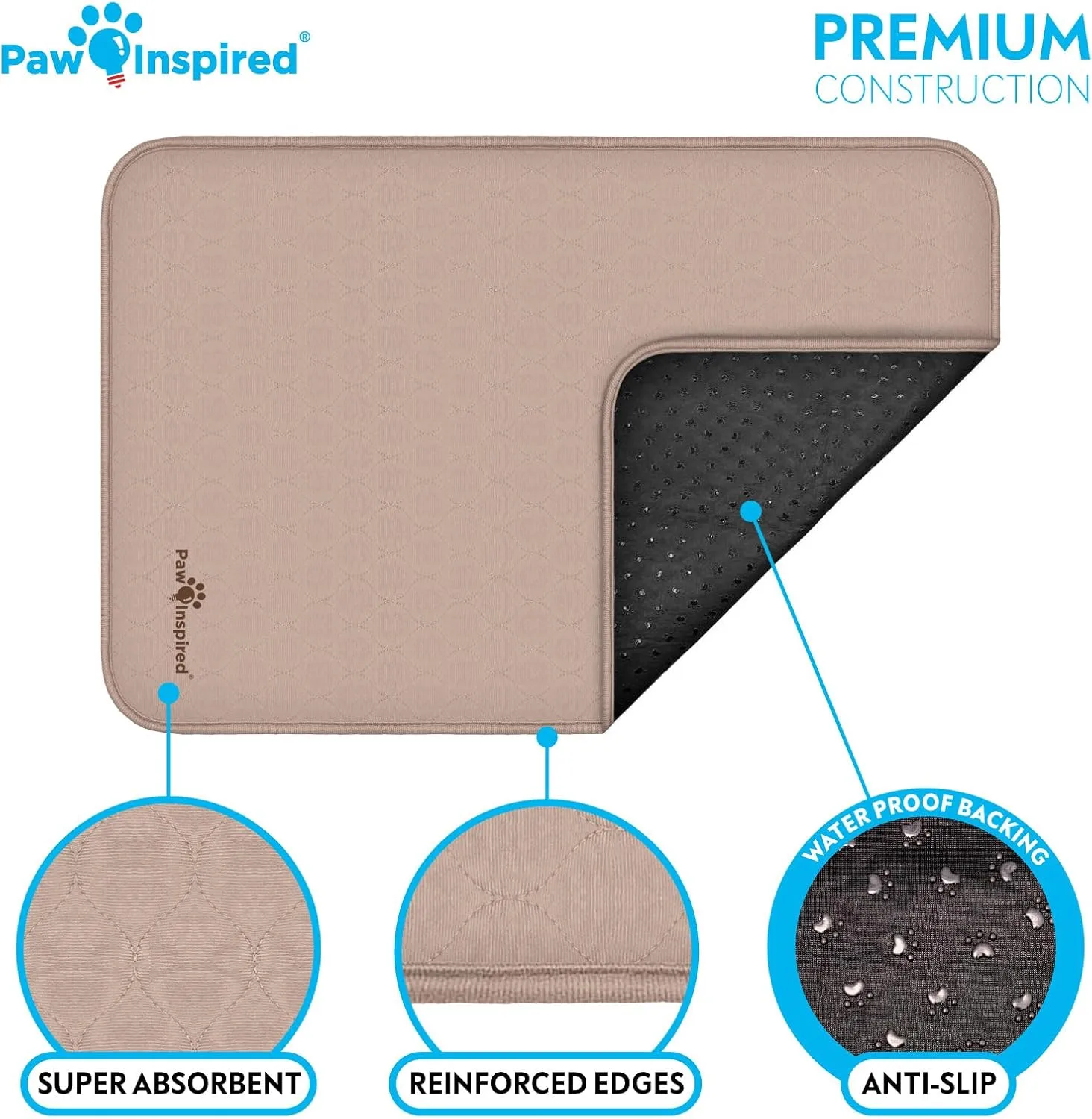 Paw Inspired Washable Crate Liners for Dogs (2 Pack) | Leakproof, Non-Slip Pee Pads for 36-Inch Kennels | Reusable Puppy Pads for Potty Training, Whelping, Waterproof Mat (35"x22" Size, Pack of 2)