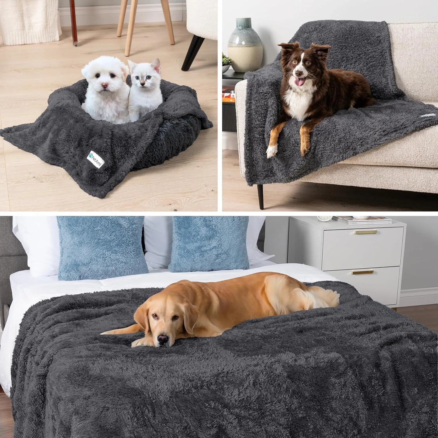 PetAmi Fluffy Waterproof Dog Blanket for Small Medium Dogs, Soft Warm Pet Sherpa Throw Pee Proof Couch Cover, Reversible Cat Puppy Bed Blanket Sofa Protector, Plush Washable Pad (Grey, 24x32)