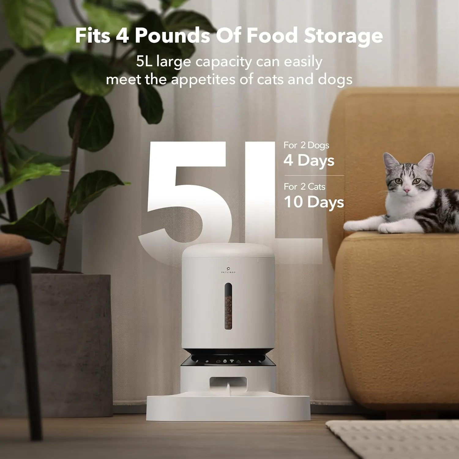 PETLIBRO Automatic Cat Feeder, 5G WiFi Pet Feeder for Two Cats or Dogs with Remote Control, 5L Cat Food Dispenser with Low Food Sensor, 1-10 Meals Per Day, Up to 10s Meal Call for Pets
