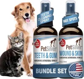PetSilver - Wound & Skin Spray (4 fl oz) and Teeth & Gum Spray (4 fl oz) with Patented Chelated Silver - Wound, Hot Spot, & Itch Spray - Teeth Cleaner & Breath Freshener for Cats and Dogs - Made in US