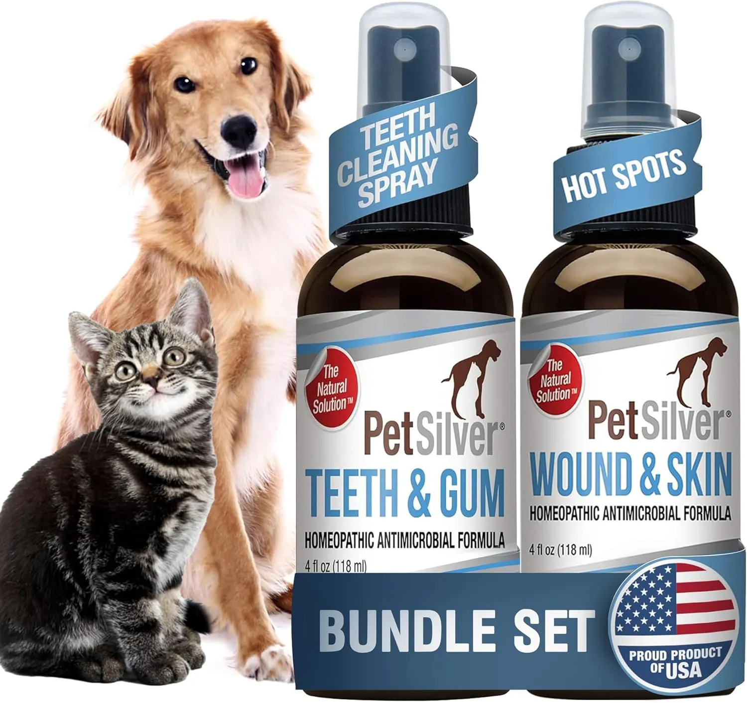 PetSilver - Wound & Skin Spray (4 fl oz) and Teeth & Gum Spray (4 fl oz) with Patented Chelated Silver - Wound, Hot Spot, & Itch Spray - Teeth Cleaner & Breath Freshener for Cats and Dogs - Made in US