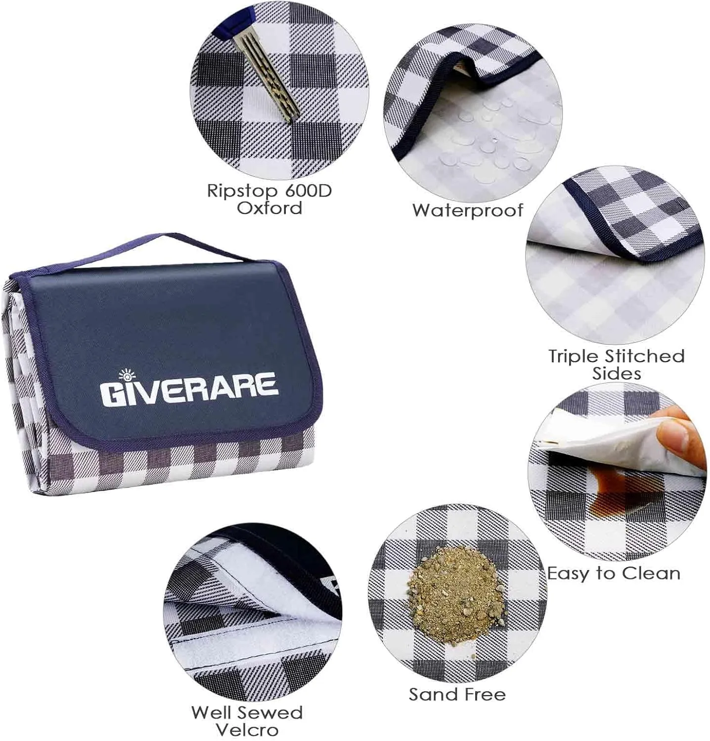 Picnic Beach Blanket Extra Large, XL Sandproof Waterproof Outdoor Camping Blankets 80x60in, Sand Free Oversized Mat, Quick Drying Portable Mats for Travel, Hiking, Music Festival, Lawn-Dark Blue
