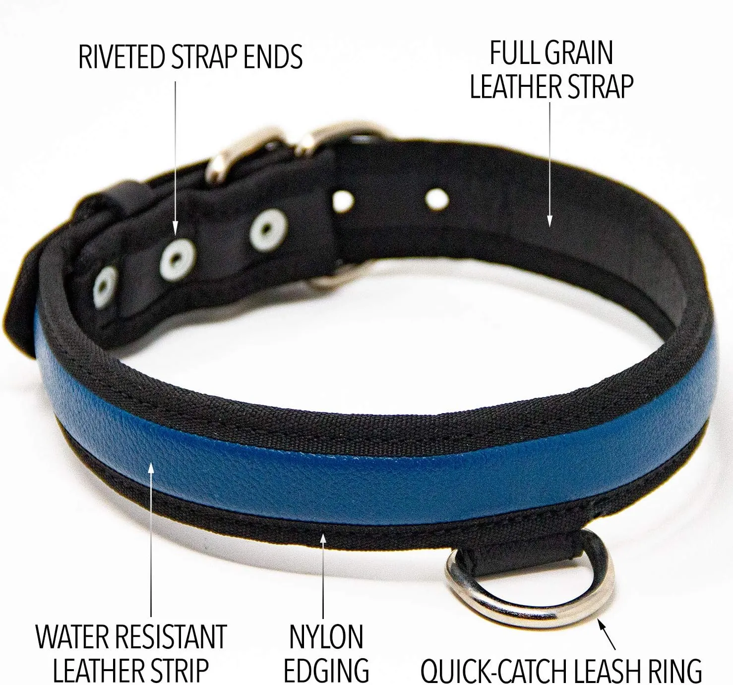 Premium Leather Dog Collar - Best Full Grain Heavy Duty Genuine Leather Collar (Blue, Large)