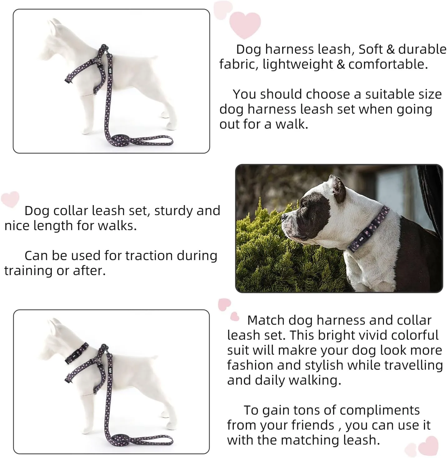 QQPETS Dog Harness Collar Leash - No Pull Pet Adjustable Back Clip Halter Basic Collar Heavy Duty 5FT Anti-Twist Leash for Extra Small Puppy Medium Large Breed Training Easy Walk(XS,Black Heart)