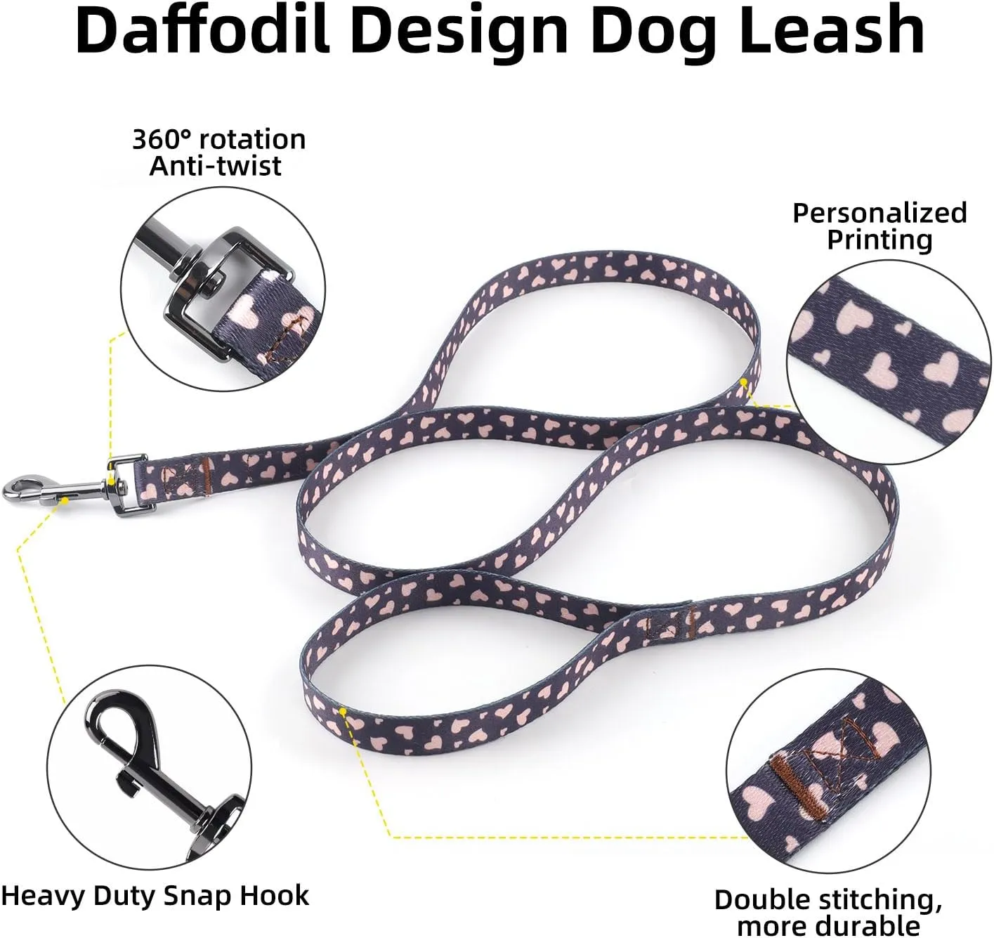 QQPETS Dog Harness Collar Leash - No Pull Pet Adjustable Back Clip Halter Basic Collar Heavy Duty 5FT Anti-Twist Leash for Extra Small Puppy Medium Large Breed Training Easy Walk(XS,Black Heart)