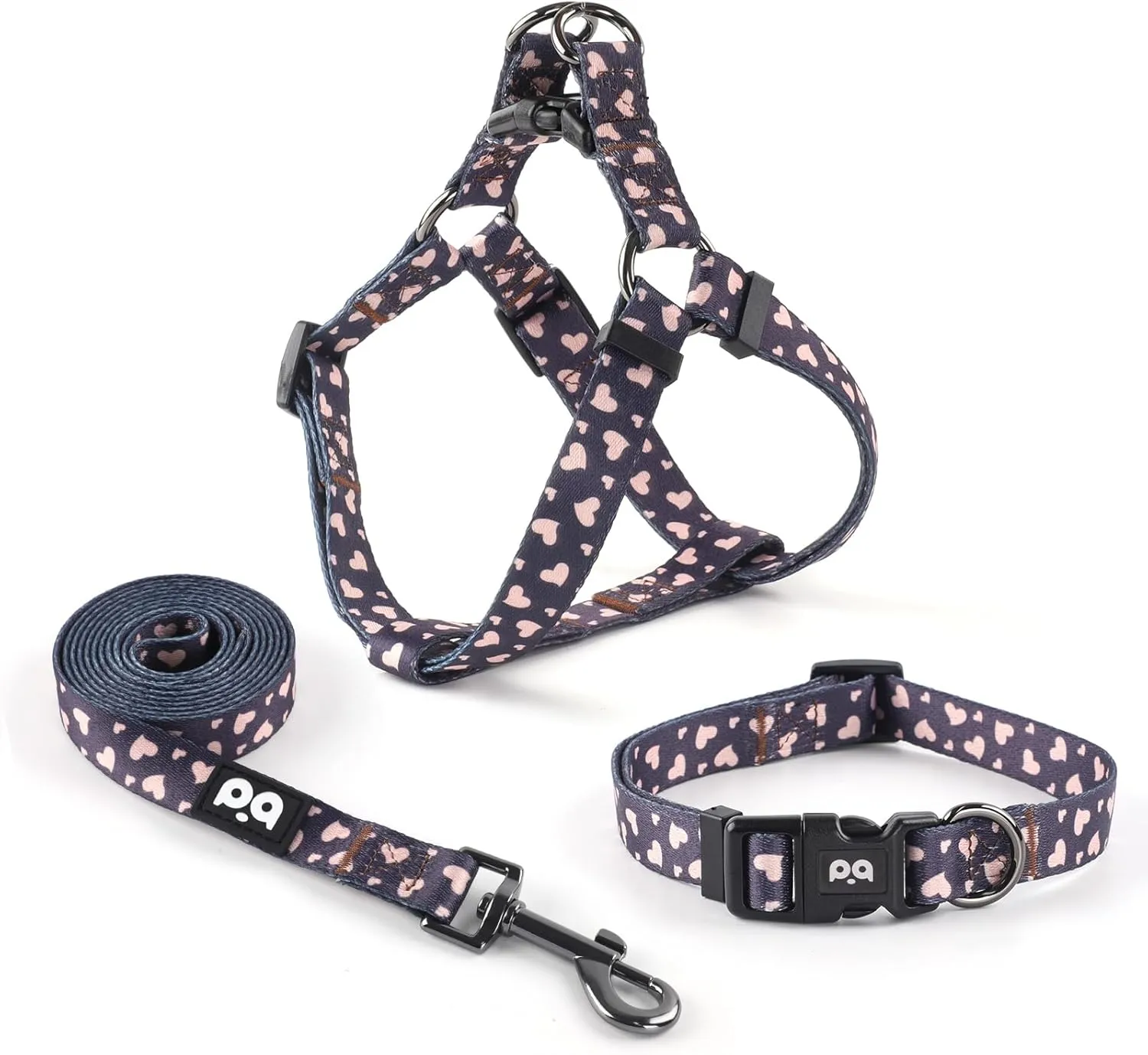 QQPETS Dog Harness Collar Leash - No Pull Pet Adjustable Back Clip Halter Basic Collar Heavy Duty 5FT Anti-Twist Leash for Extra Small Puppy Medium Large Breed Training Easy Walk(XS,Black Heart)