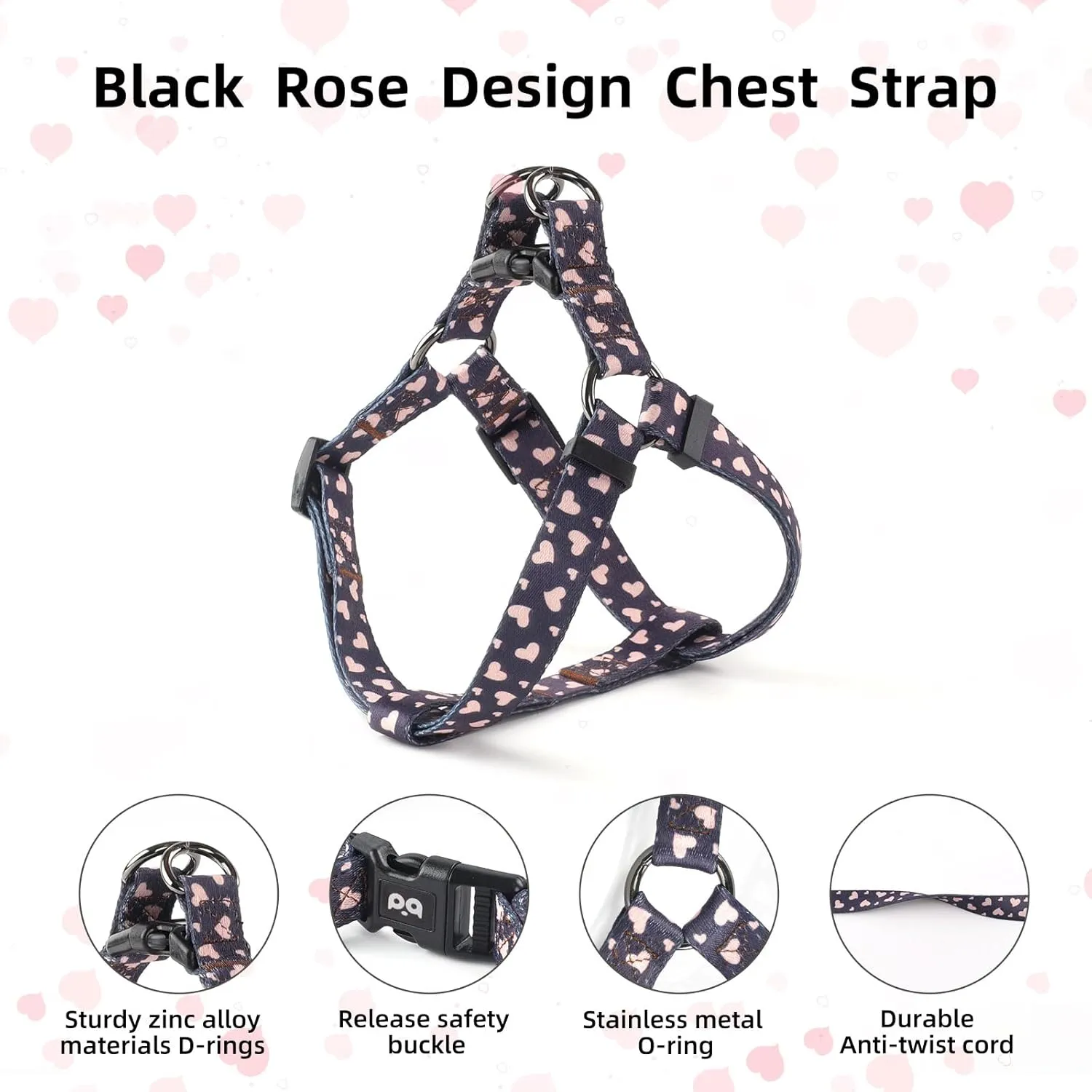 QQPETS Dog Harness Collar Leash - No Pull Pet Adjustable Back Clip Halter Basic Collar Heavy Duty 5FT Anti-Twist Leash for Extra Small Puppy Medium Large Breed Training Easy Walk(XS,Black Heart)