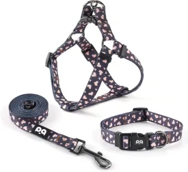 QQPETS Dog Harness Collar Leash - No Pull Pet Adjustable Back Clip Halter Basic Collar Heavy Duty 5FT Anti-Twist Leash for Extra Small Puppy Medium Large Breed Training Easy Walk(XS,Black Heart)
