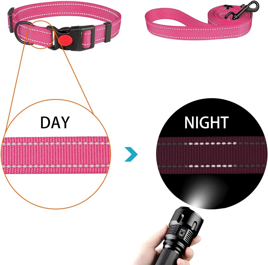 Reflective Dog Collar and Leash Set with Safety Locking Buckle Nylon Pet Collars Adjustable for Small Medium Large Dogs 3 Sizes(Hotpink&M)
