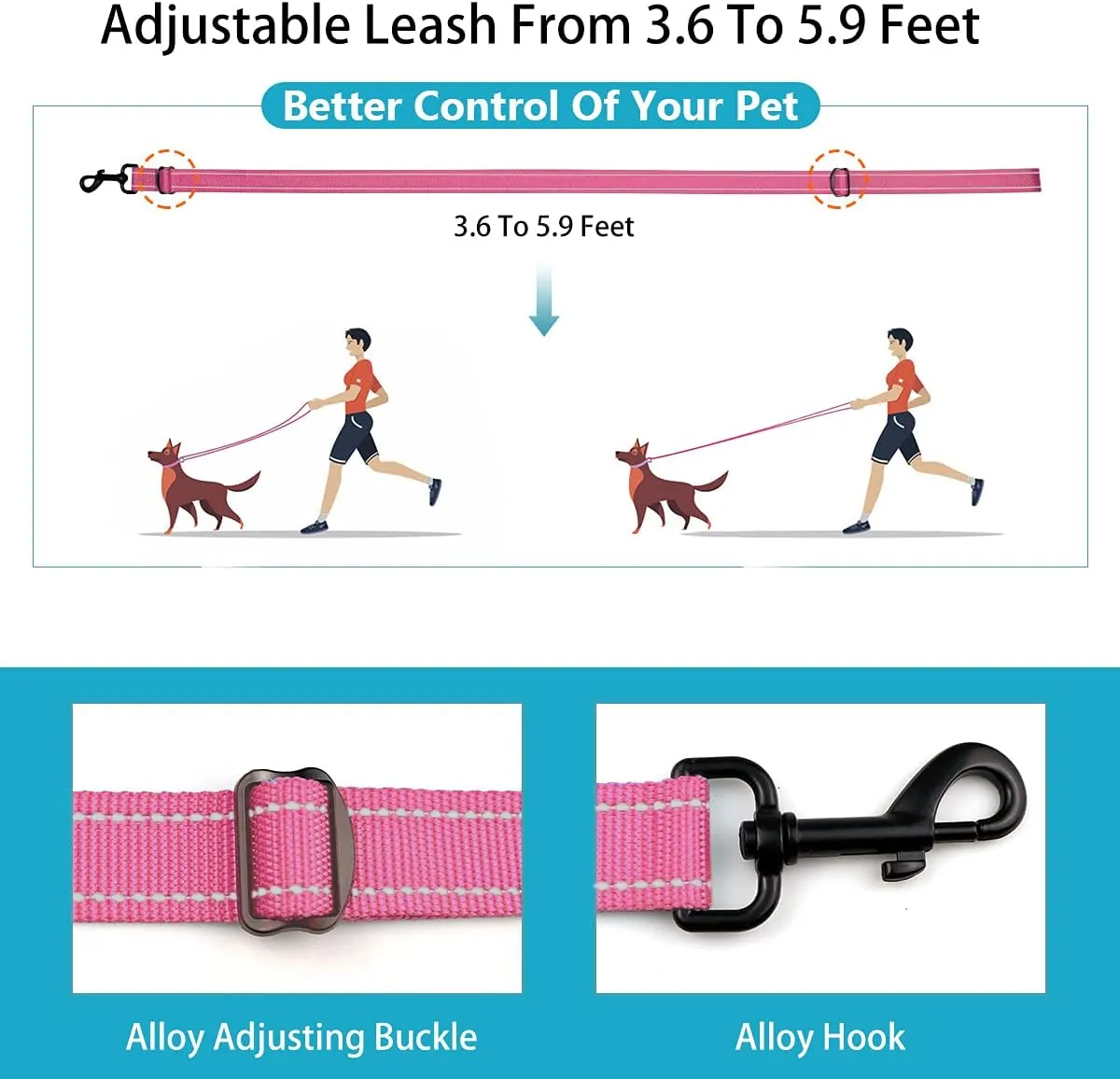 Reflective Dog Collar and Leash Set with Safety Locking Buckle Nylon Pet Collars Adjustable for Small Medium Large Dogs 3 Sizes(Hotpink&M)