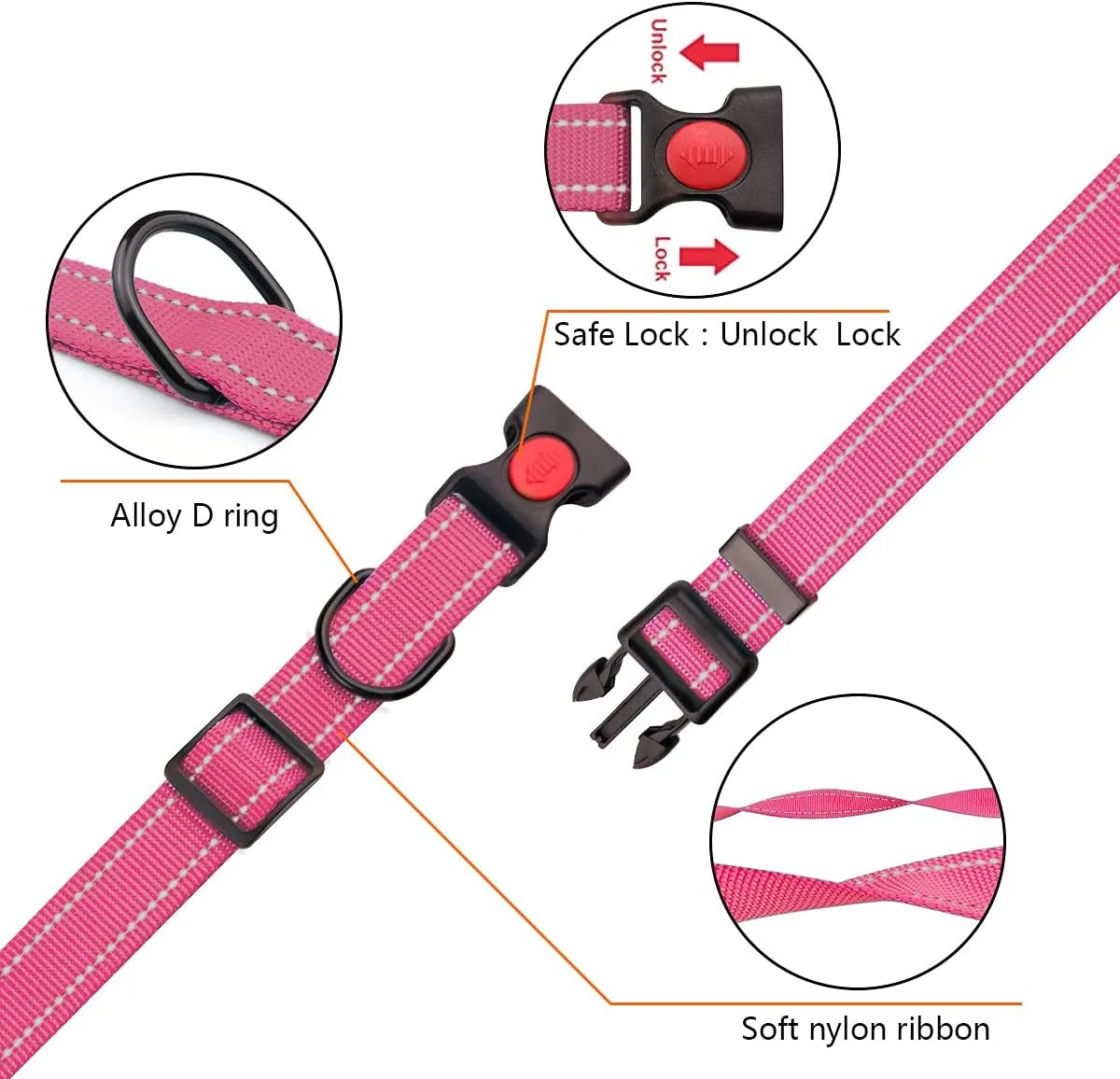 Reflective Dog Collar and Leash Set with Safety Locking Buckle Nylon Pet Collars Adjustable for Small Medium Large Dogs 3 Sizes(Hotpink&M)