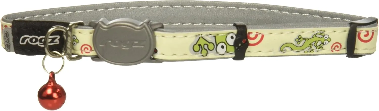 Rogz Glow in the Dark Reflective Cat Collar with Breakaway Clip and Removable Bell, fully adjustable to fit most breeds, Gecko Cat Design