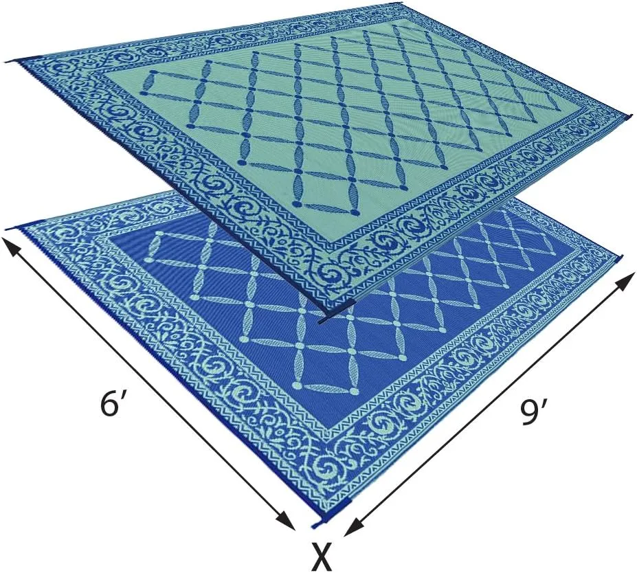 Stylish Camping 116093 6-feet by 9-feet Reversible Mat, Plastic Straw Rug, Large Floor Mat for Outdoors, RV, Patio, Backyard, Picnic, Beach, Camping (Blue/Light-Green)
