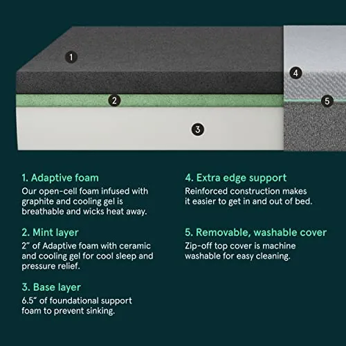 Tuft & Needle Mint Twin XL Mattress - Easy to Clean Removable Cover - Durable Adaptive Foam with Ceramic and Cooling Gel - CertiPUR-US - 100 Night Trial