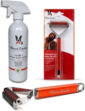 Warren London 10-in-1 Dog Spray & Rake Brush Combo | Detangles, Softens & Reduces Shedding | 16oz After Bath Spray   Dematting Rake | $40 Value  Now $29.99
