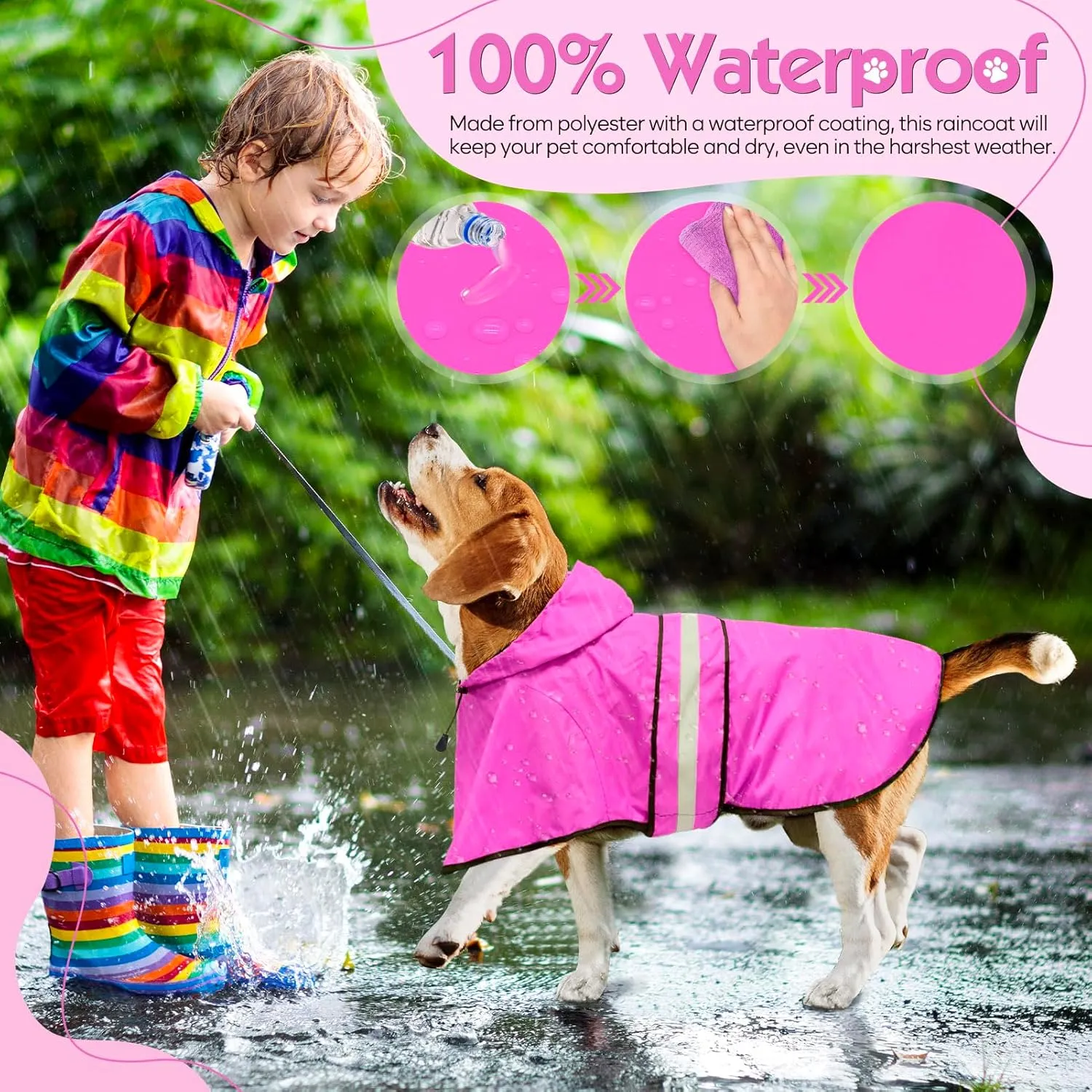 Weesiber Dog Raincoat, Waterproof Dog Rain Jacket with Leash Hole, Lightweight Reflective Pet Rain Coar for Walking (XL, Pink)