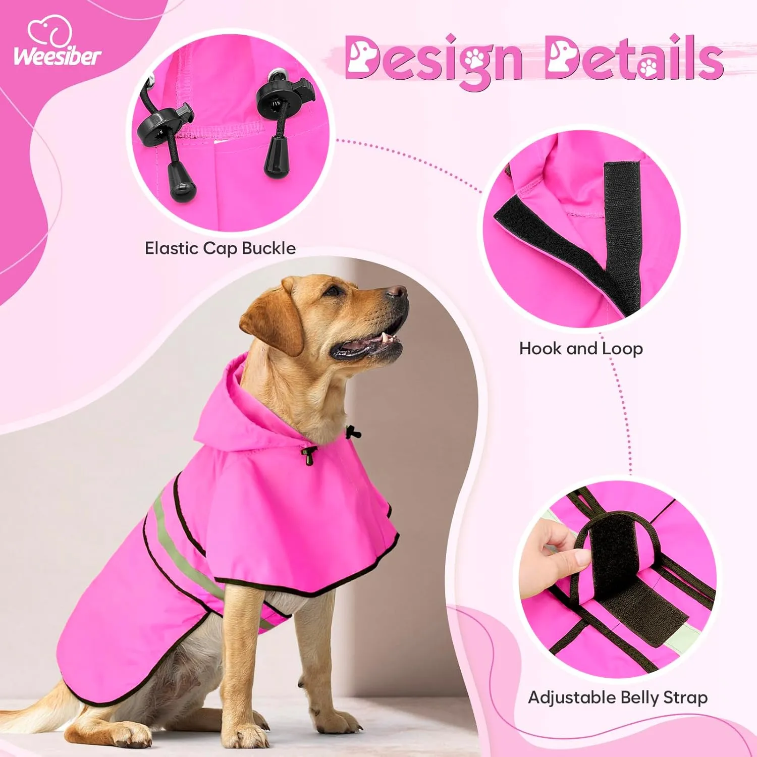 Weesiber Dog Raincoat, Waterproof Dog Rain Jacket with Leash Hole, Lightweight Reflective Pet Rain Coar for Walking (XL, Pink)