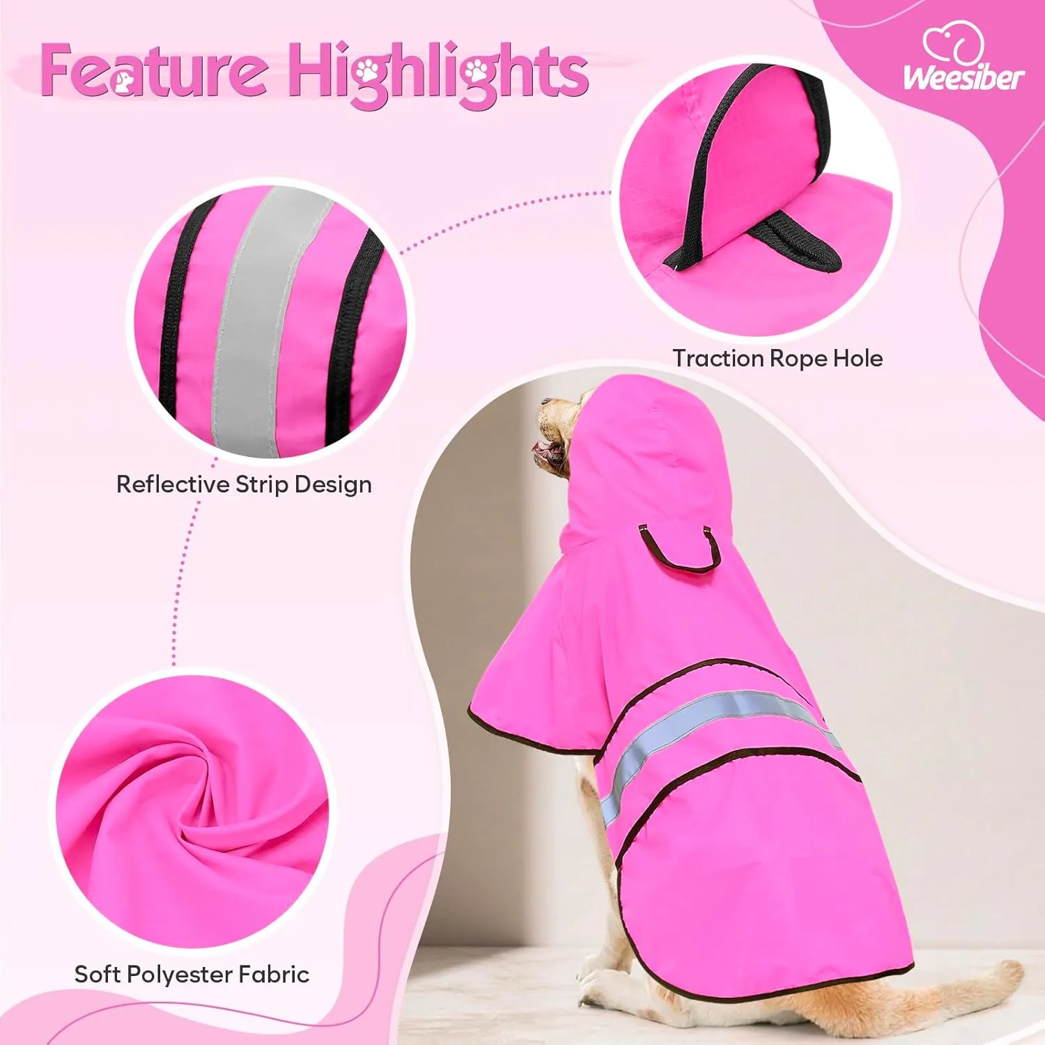 Weesiber Dog Raincoat, Waterproof Dog Rain Jacket with Leash Hole, Lightweight Reflective Pet Rain Coar for Walking (XL, Pink)