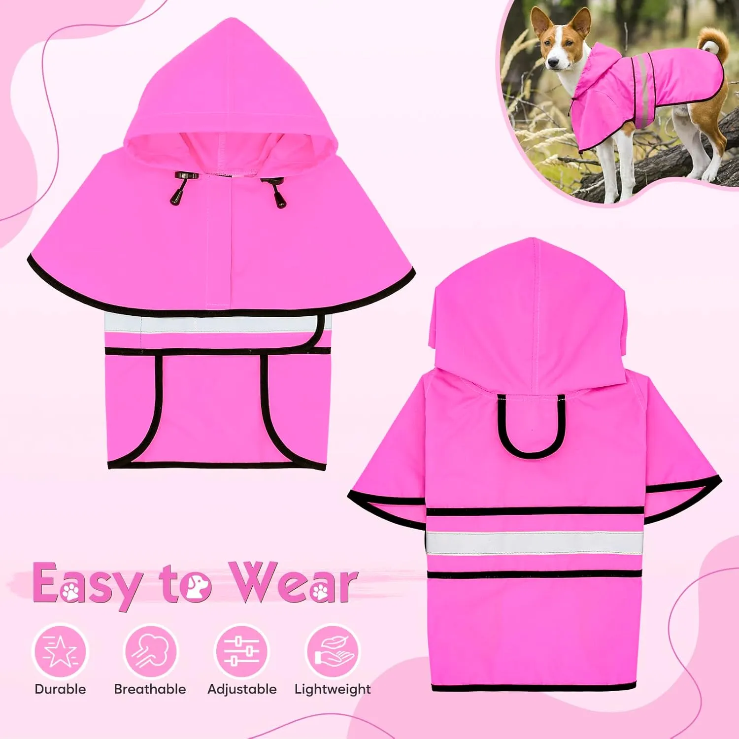 Weesiber Dog Raincoat, Waterproof Dog Rain Jacket with Leash Hole, Lightweight Reflective Pet Rain Coar for Walking (XL, Pink)