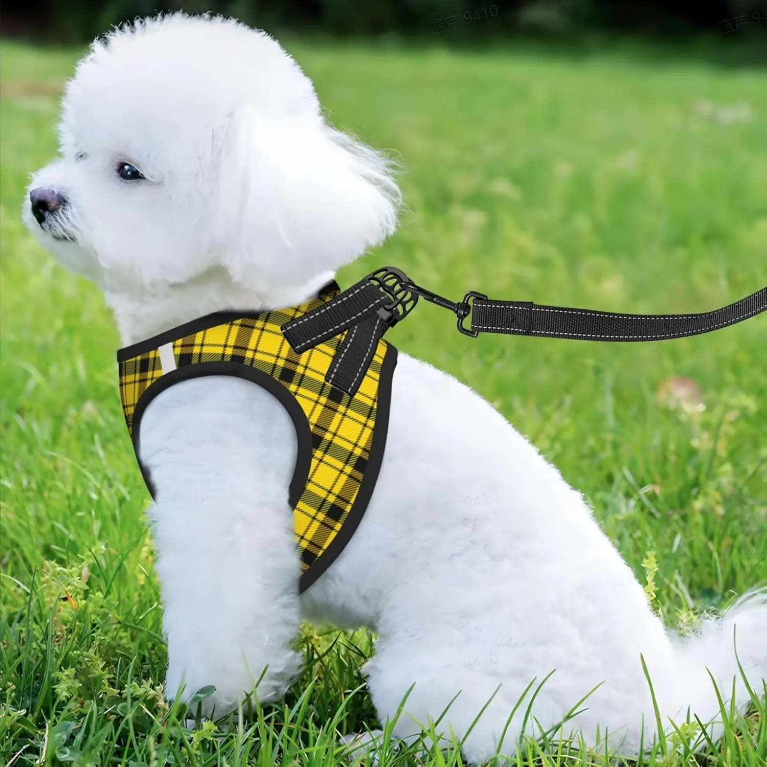 Yellow Plaid No Pull Dog Harness and Leash Set, Cute Reflective Adjustable Vest for Small Dogs,Breathable Mesh Puppy Harness for Walking Hiking,Medium