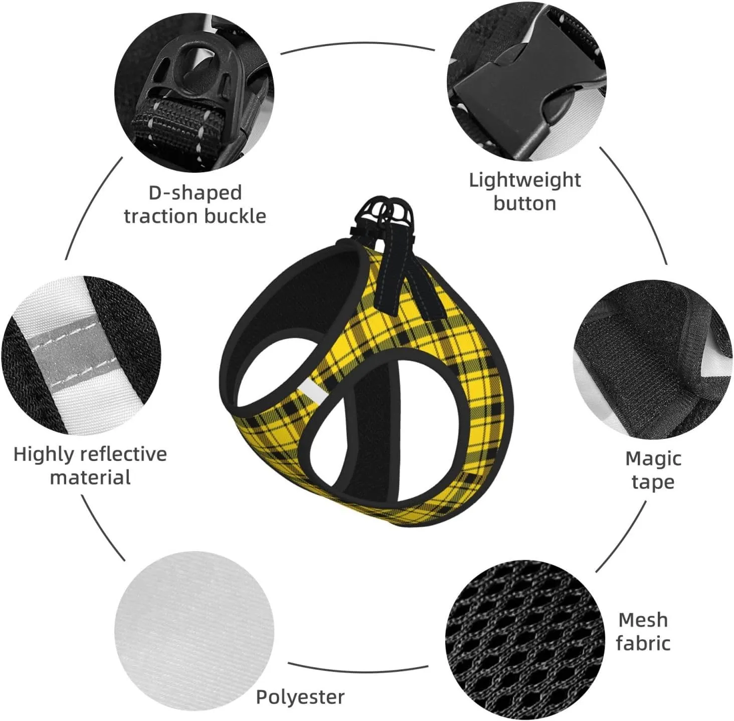 Yellow Plaid No Pull Dog Harness and Leash Set, Cute Reflective Adjustable Vest for Small Dogs,Breathable Mesh Puppy Harness for Walking Hiking,Medium